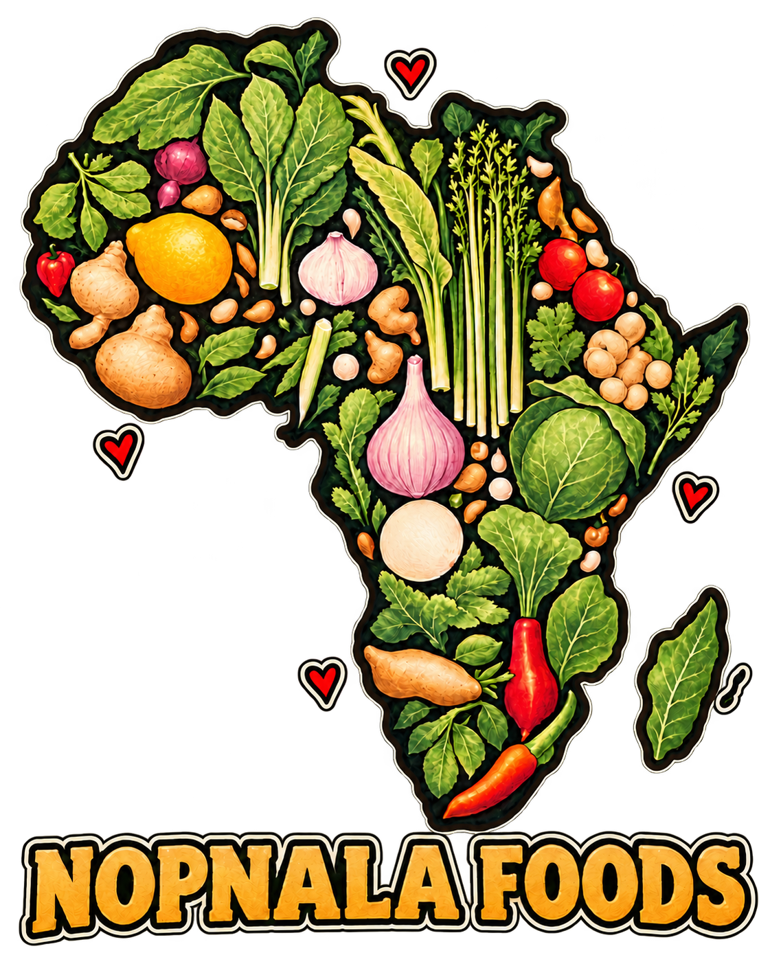 Nopnala Foods artwork: Africa filled with vegetables and greens, surrounded by hearts, with Nopnala Foods lettering below