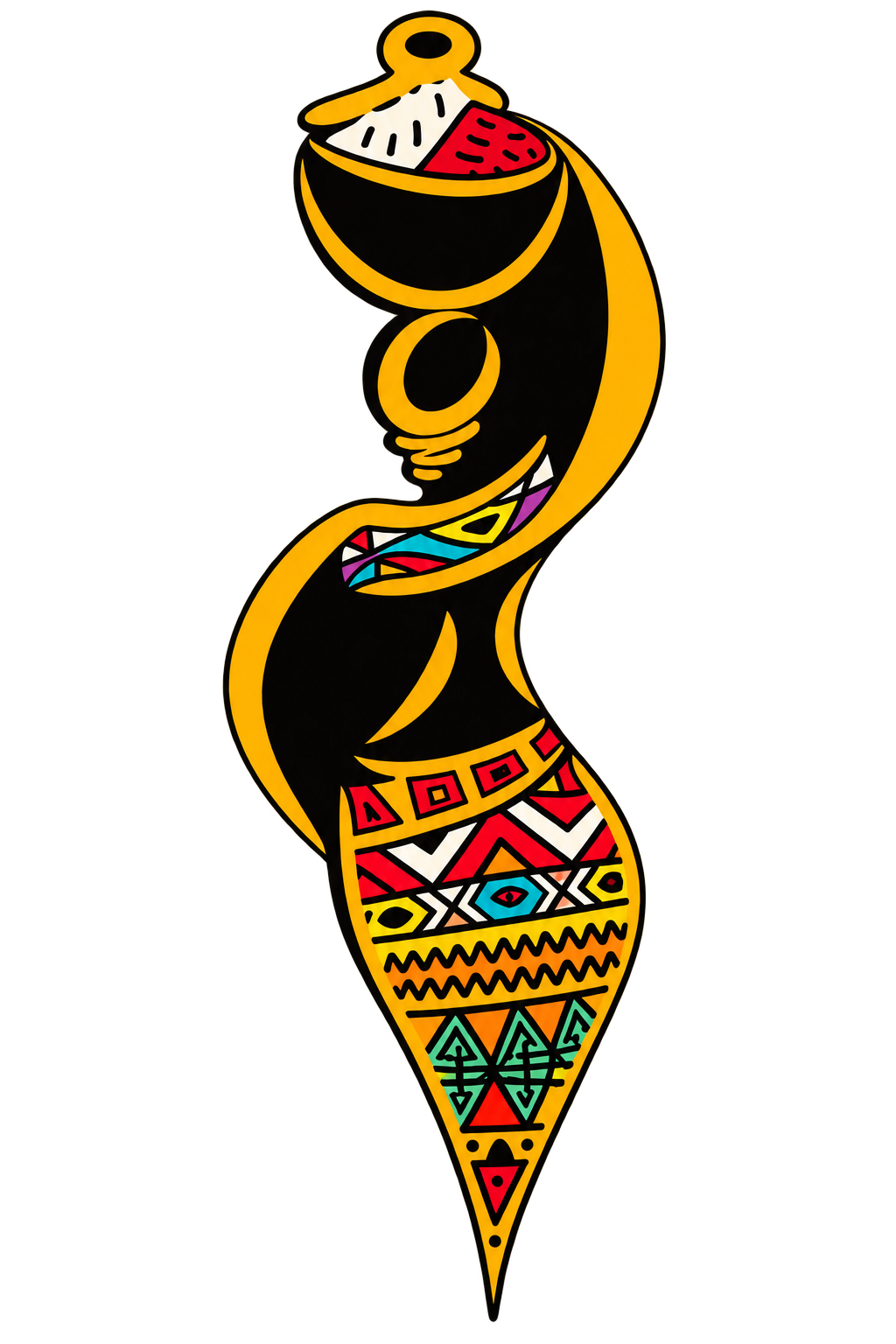 The Nopnala Foods woman holding a bowl above her head, wearing colorful patterned clothing